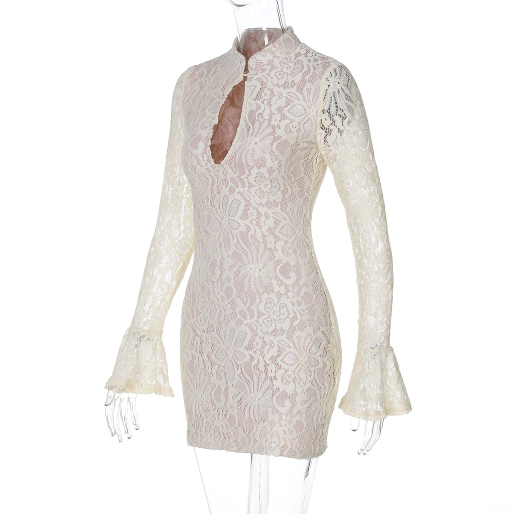 Lace Patchwork Hollow Out Mini Dress With Turtleneck And Long Flare Sleeves