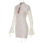 Lace Patchwork Hollow Out Mini Dress With Turtleneck And Long Flare Sleeves