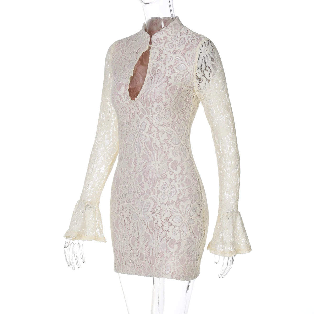Lace Patchwork Hollow Out Mini Dress With Turtleneck And Long Flare Sleeves