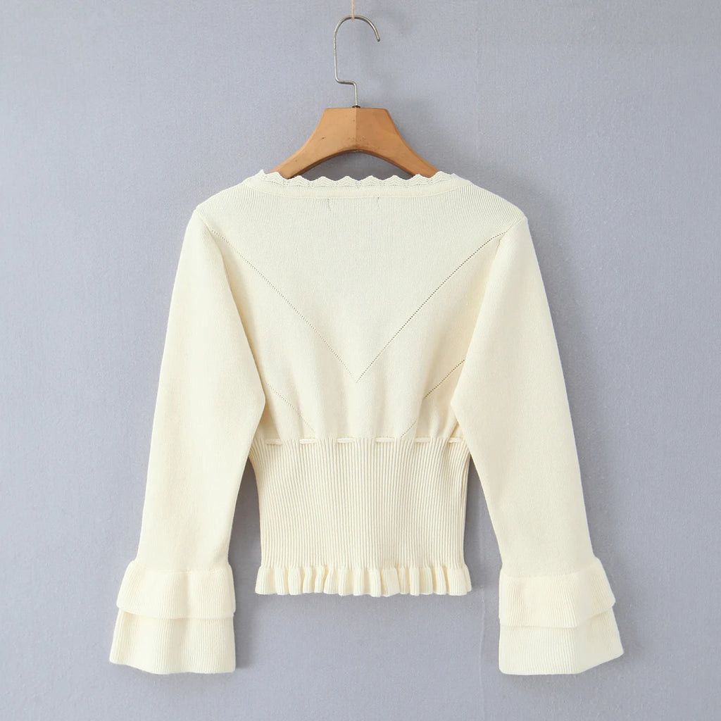 Hollow Crochet Knit Cropped Sweater in Beige and Red Long Sleeve Knit Top for Women
