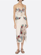Romantic Floral Lace Embroidered Midi Set With Sleeveless Top And Side Slit Skirt