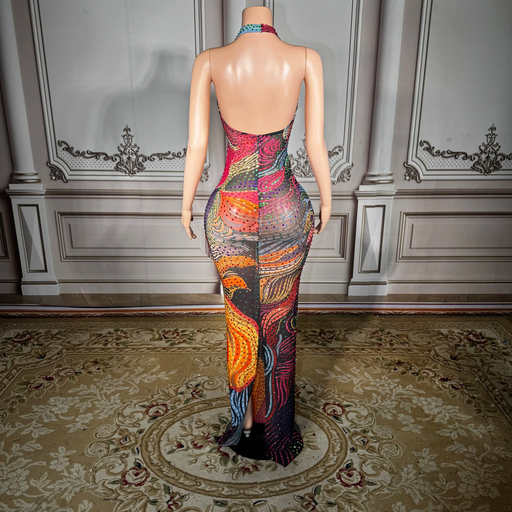 Plus Size Glam Night Sheer Mesh Dress With Colorful Rhinestones