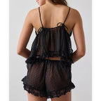 Two Piece Sheer Pajamas Set Ruffle Lace Trim Tie-Up Split Front Sleeveless Cami Tops and Shorts