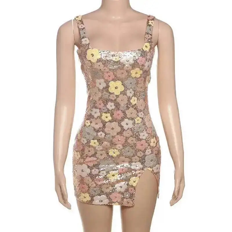 Floral Sequin Mini Dress With Spaghetti Straps