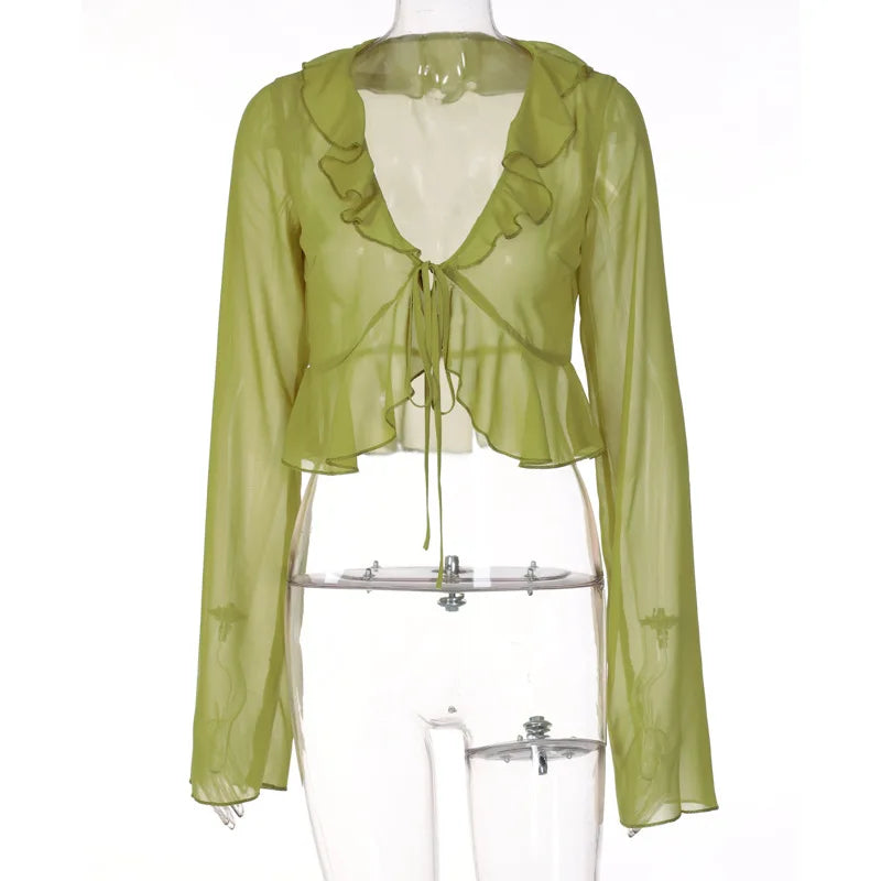 Chiffon Sheer Crop Tank Top With V Neck And Flare Sleeves