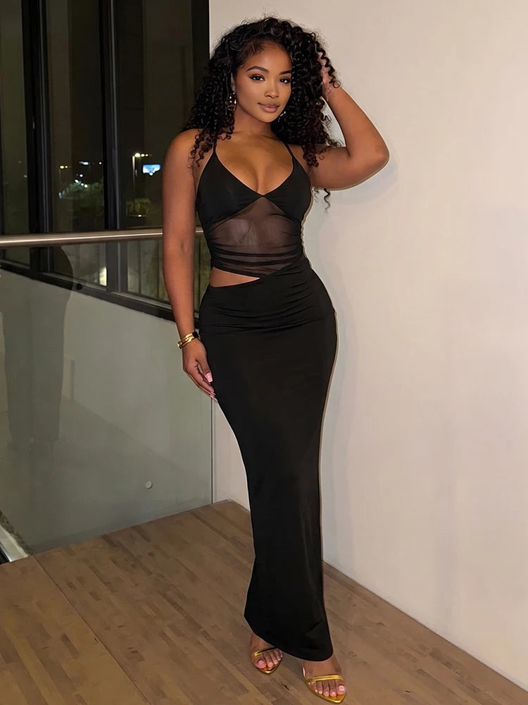 Mesh Patchwork Maxi Dress With Backless Silhouette Sleeveless