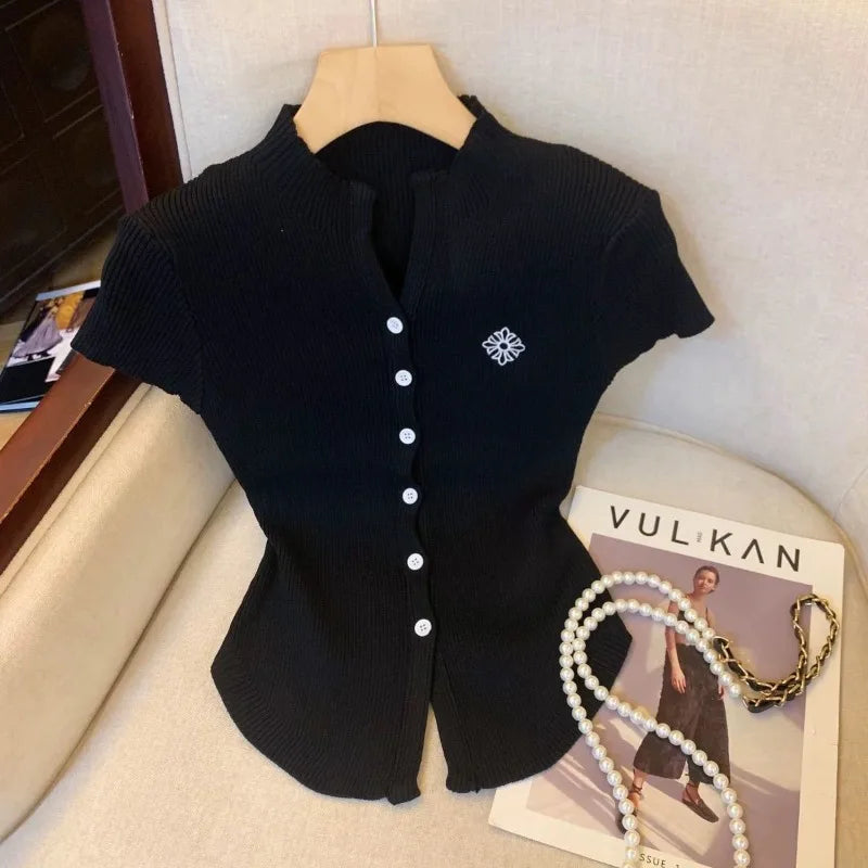 Luxe Knit Cropped Blouse V Neck Cardigan Slim Fit Top