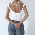 Women Sleeveless Swing Collar Backless Tie Back Ruched Top