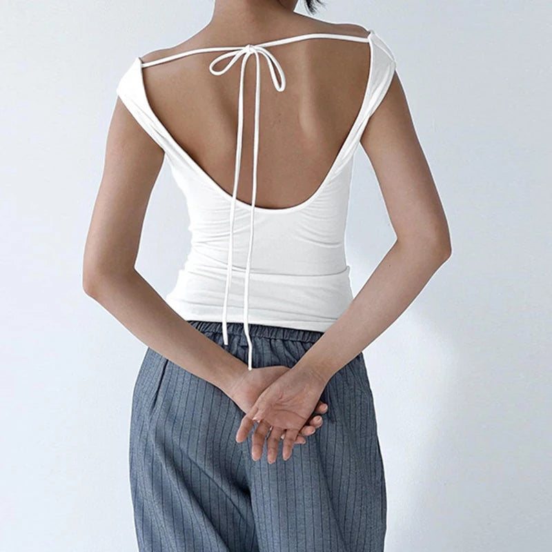 Women Sleeveless Swing Collar Backless Tie Back Ruched Top