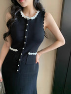 Floral Pearl Knit Maxi Dress Sleeveless O-Neck With Pleated Details