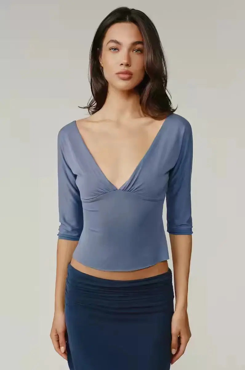 V Neck Mid Sleeve Cropped Long-sleeves Blouse