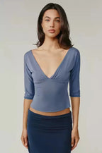 V Neck Mid Sleeve Cropped Long-sleeves Blouse
