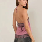 Boho Halter Top With Fringe Trim Backless Tie Back Floral Print
