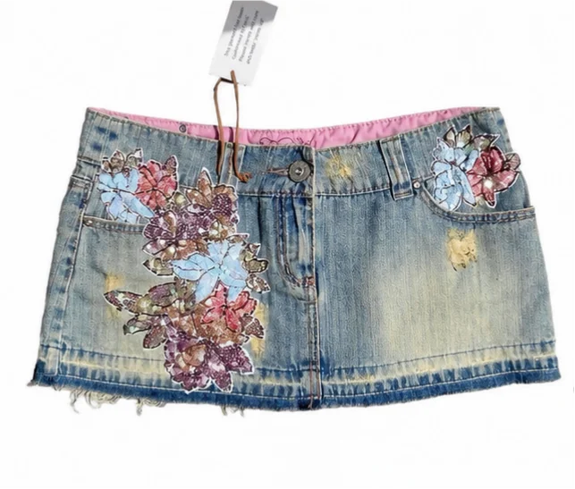 Y2K Gothic Vintage 2000s Sequin Flower Embroidery Mini Washed Blue Women Sexy A-line Skirt Low Rise Hot Girl Denim Shorts