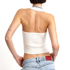 Vintage White Knit Deep V Tank Top For Women Off Shoulder
