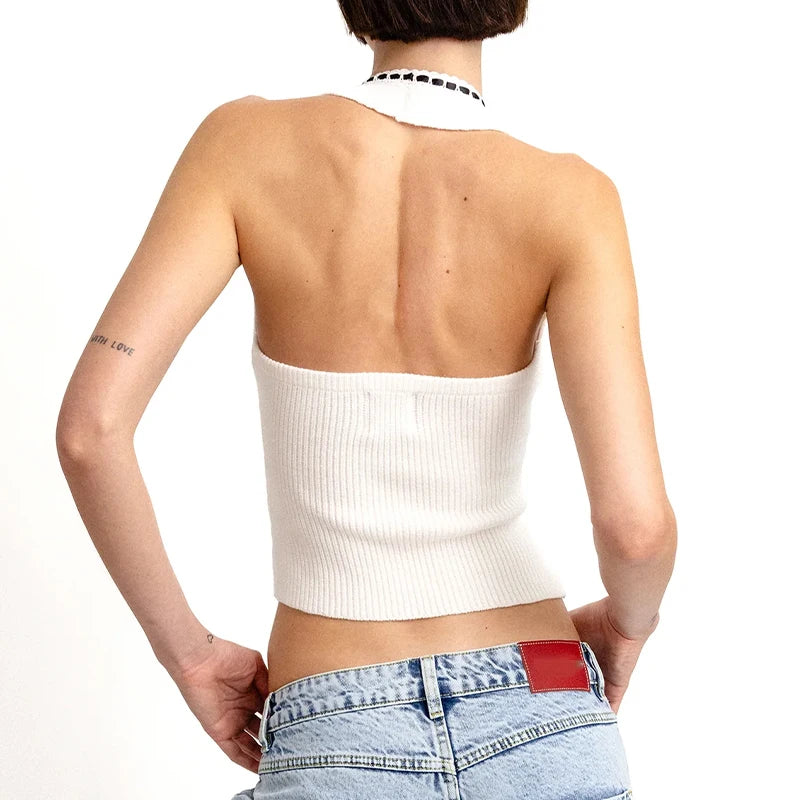 Vintage White Knit Deep V Tank Top For Women Off Shoulder