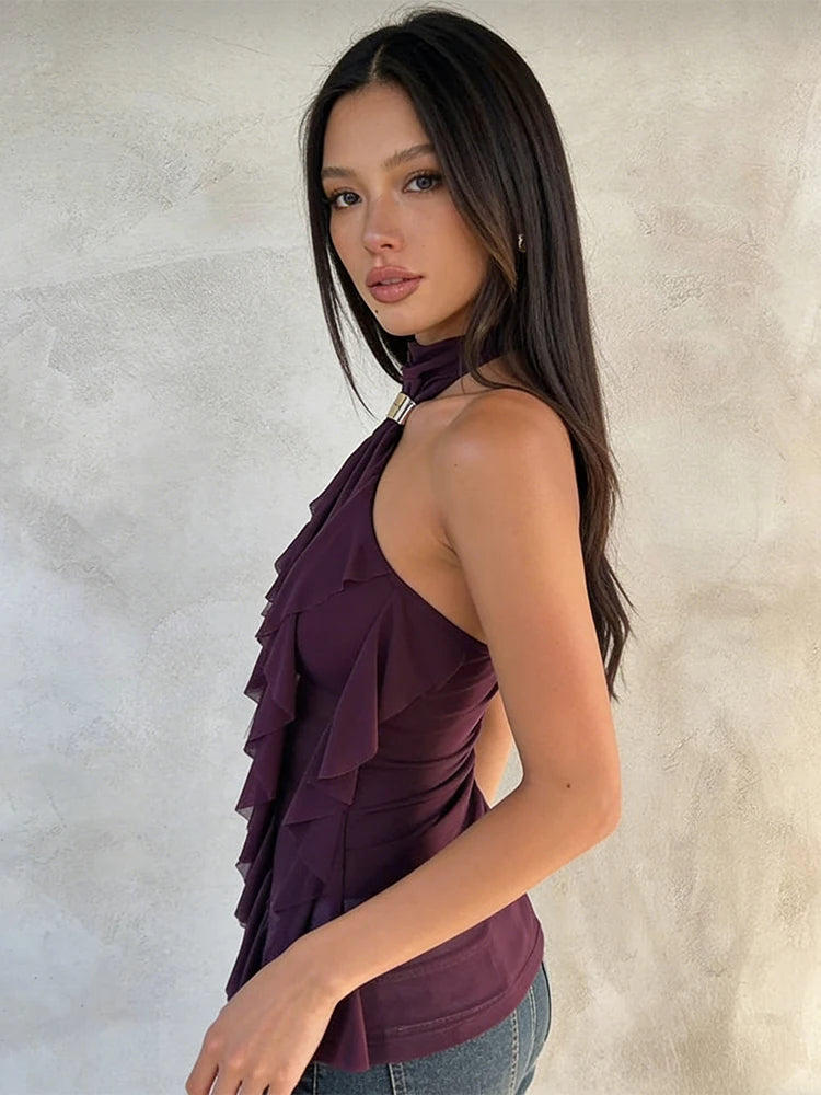 Tierred Backless Halter Patchwork Tank Top With Metal Buckle Accent Irregular Hem