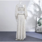 Polka Dot Two-piece Set Square Neck Puff Sleeve Cropped Top With Lace Trim Maxi Skirt