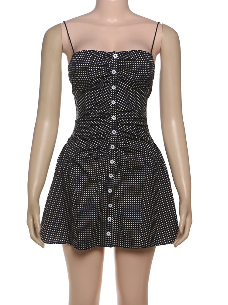Speckled Print Spaghetti Strap Mini Dress Sleeveless Bodycon Pleated Detail