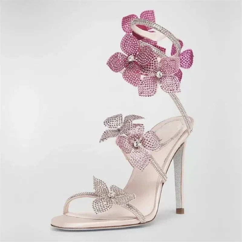 Crystal Flower High Heels With Ankle Strap Strappy Thin Sandals