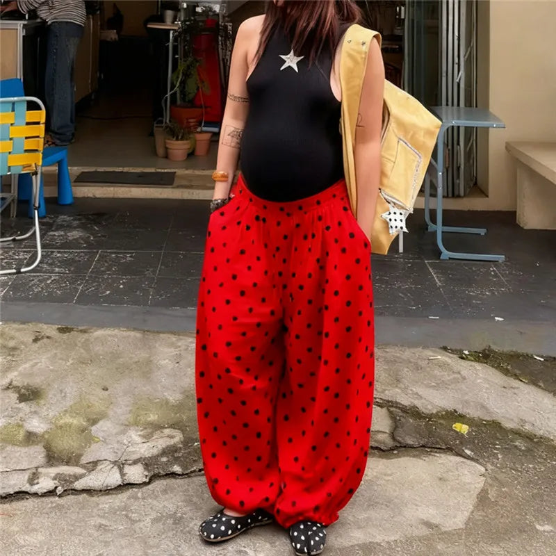 Polka Dot Wide Leg Pants For Women With Elastic Waist Trousers
