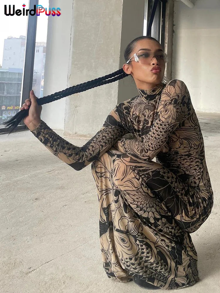 Mesh Print Maxi Bodycon Dress With Turtleneck And Long Sleeves