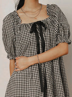 Gingham Babydoll Mini Dress With Puff Sleeves And Bow