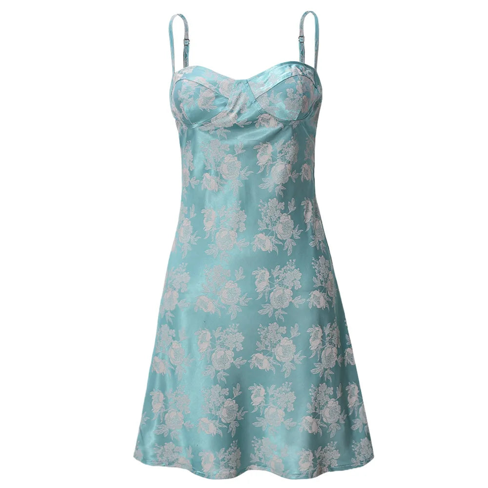 Spaghetti Strap Backless Mini A-line for Woman Satin Flower Green Brunch Dress
