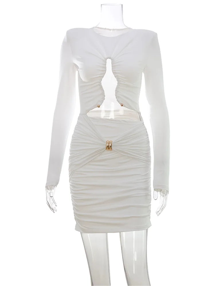 Hollow Out O Neck Long Sleeves Sheath Dress With Hip Wrap Mini