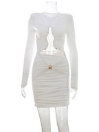 Hollow Out O Neck Long Sleeves Sheath Dress With Hip Wrap Mini