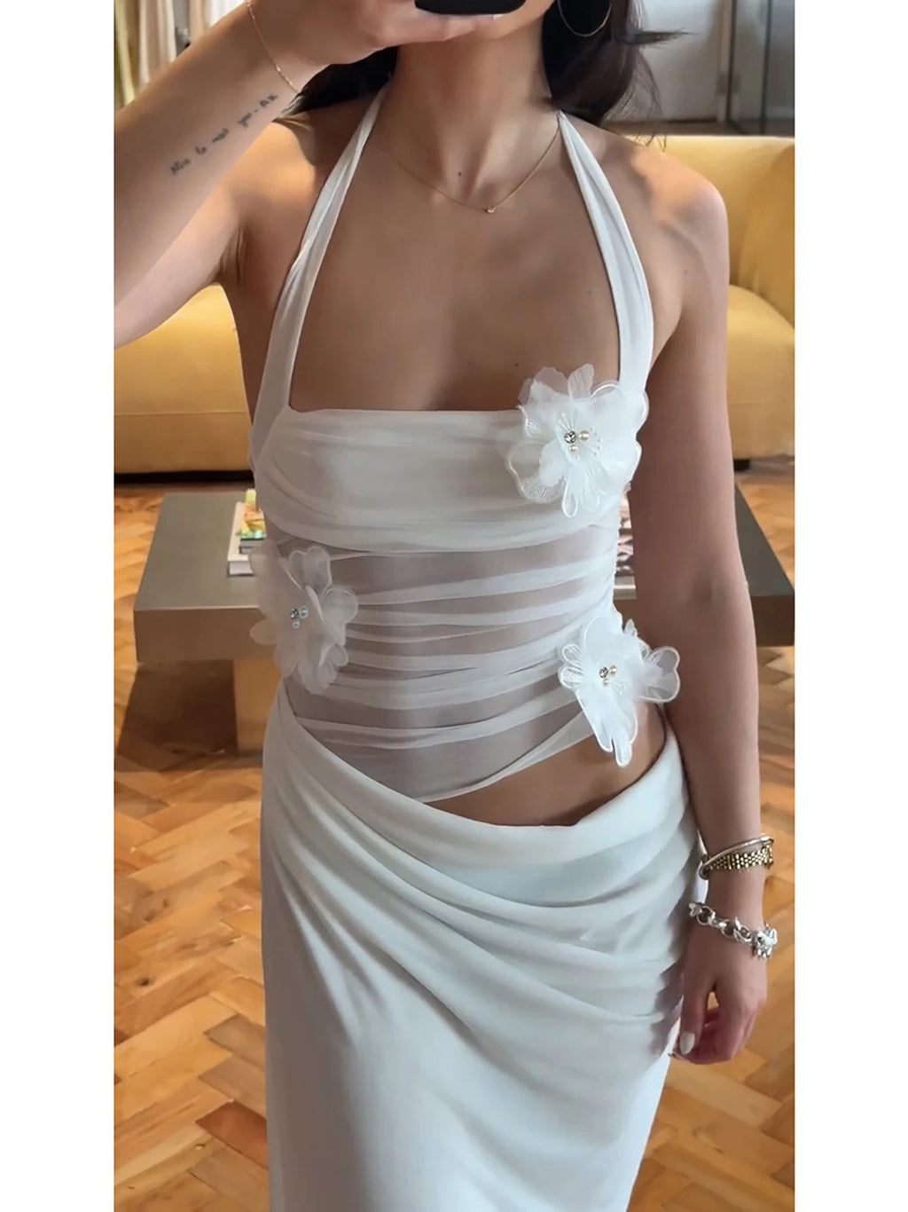 Halter Backless Sheer Mesh Maxi Dress With Floral Embellishment