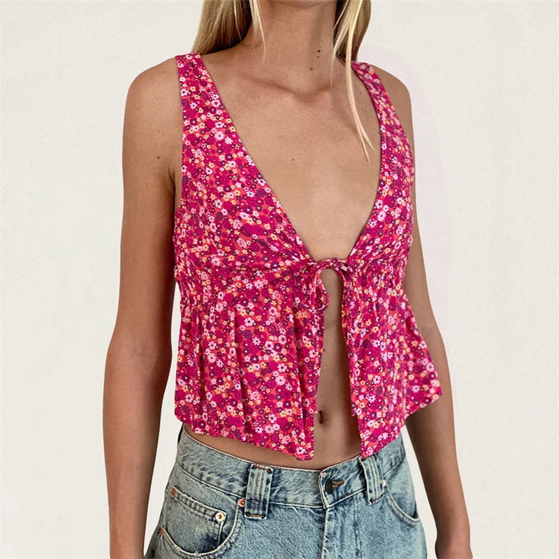 Y2K Floral Print Tie Front Tank Top for Women V Neck Sleeveless