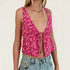 Y2K Floral Print Tie Front Tank Top for Women V Neck Sleeveless