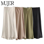 Satin High Waist Midi Skirt With Flair
