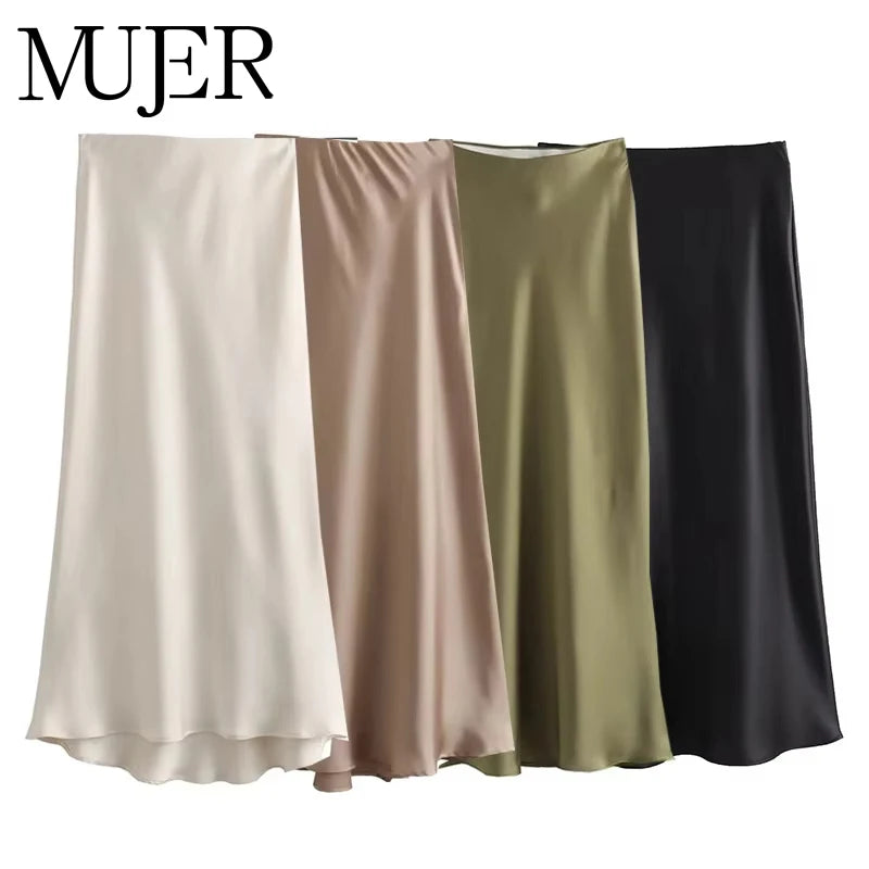Satin High Waist Midi Skirt With Flair