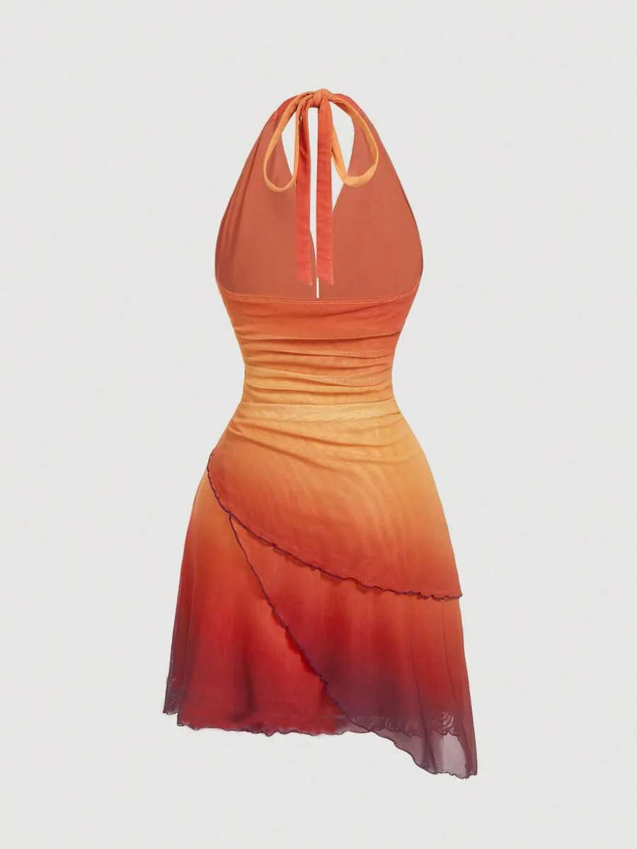 Gradient Bow Tie Backless Dress With Asymmetrical Spaghetti Detailing