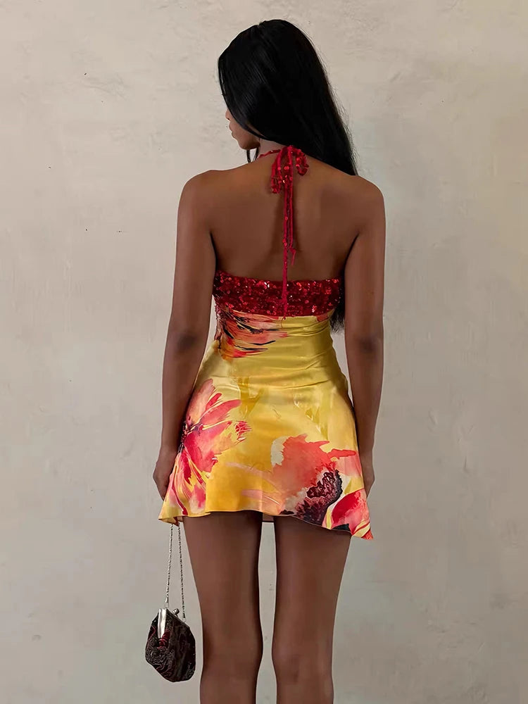 Floral Patchwork Mini Dress With Halter Backless Design