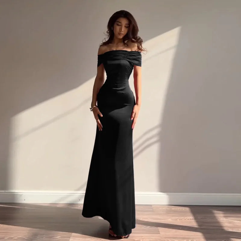 Retro Off Shoulder Satin Dress With Panel Back A Line Silhouette Long