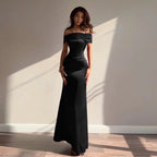 Retro Off Shoulder Satin Dress With Panel Back A Line Silhouette Long