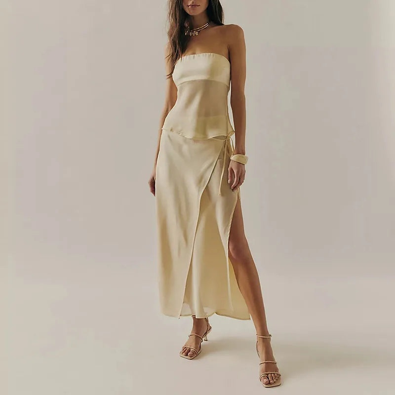 Elegant Lace Up Gauze Vest And Skirt Set