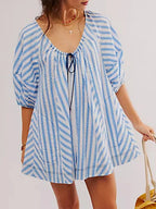 Y2k Rompers Sexy Loose Puff Sleeve V Neck Striped Jumpsuits Shorts Overalls Dress