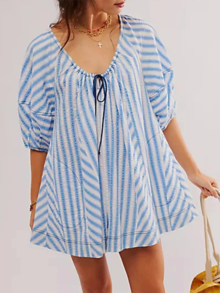 Y2k Rompers Sexy Loose Puff Sleeve V Neck Striped Jumpsuits Shorts Overalls Dress