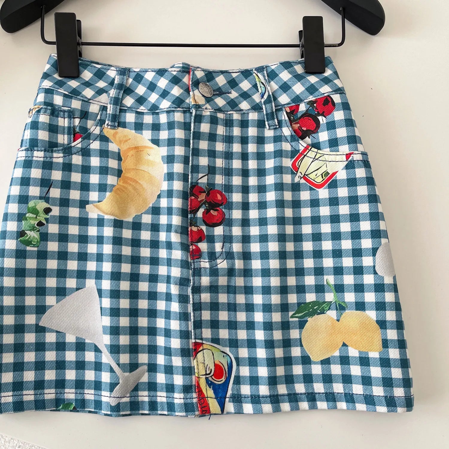 Retro Fruit Plaid Mini Skirt With Button Detail A Line