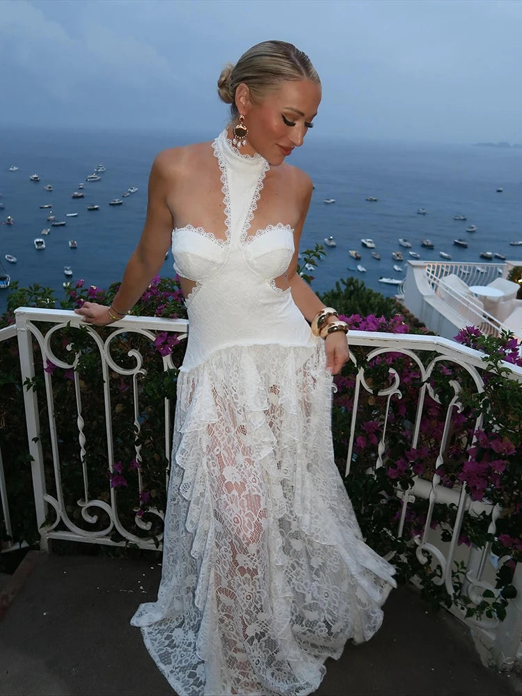 Lace Patchwork Halter Dress With Sheer Panels Elegant Gown