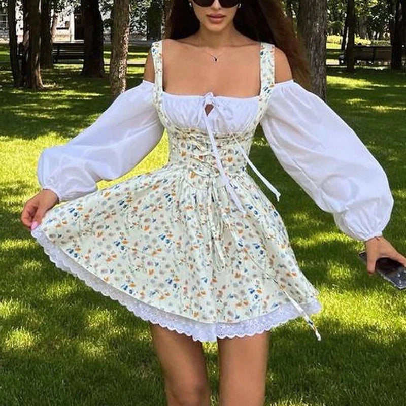 Floral Patchwork Mini Dress With Off Shoulder Square Collar Two Piece Look A Line