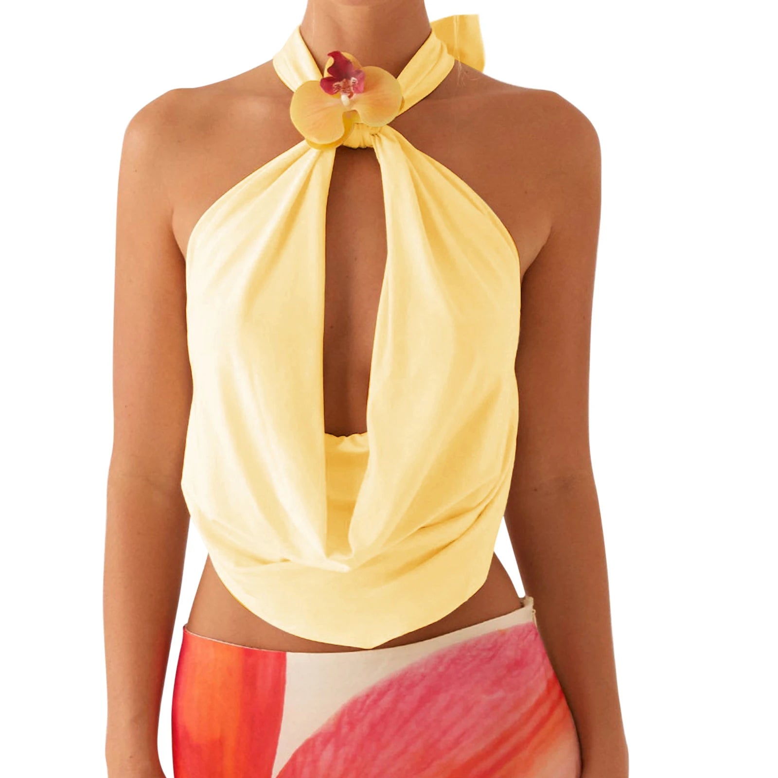 Vintage 3D Flower Cami Top With Halter Backless And Draped Front