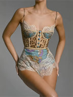 Leopard Patchwork Lace Jumpsuit With Spaghetti Straps