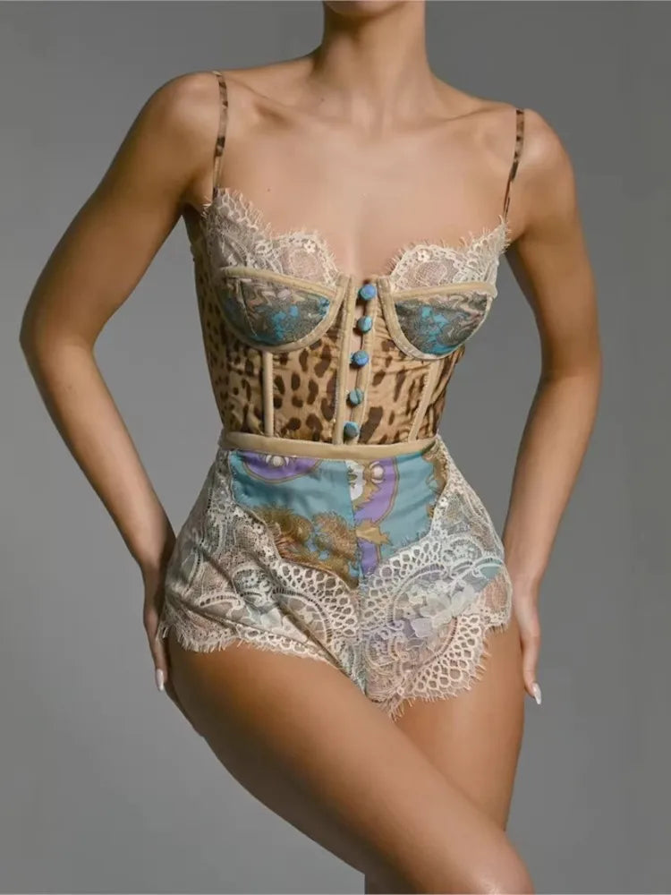 Leopard Patchwork Lace Jumpsuit With Spaghetti Straps