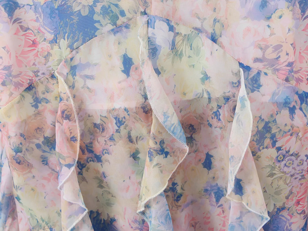 Gradient Floral Ruffles Chiffon Dress With V Neck Backless