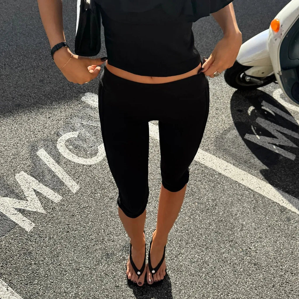 Fold Over Waistband Capri Leggings For Women Solid Color Skinny Pants